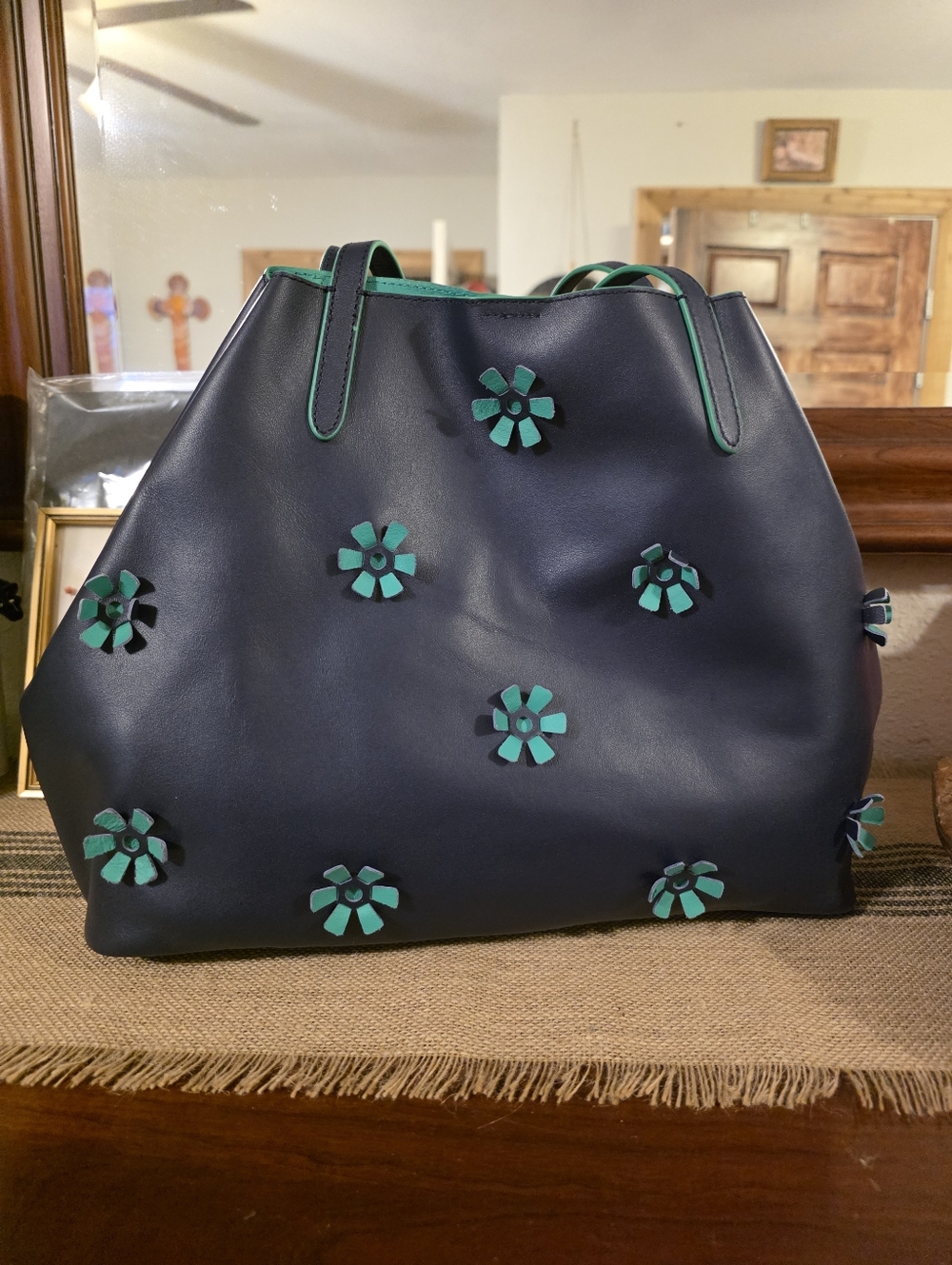 TALBOTS Navy Leather Tote Bag with Teal Floral Accents - Picture 2 of 6